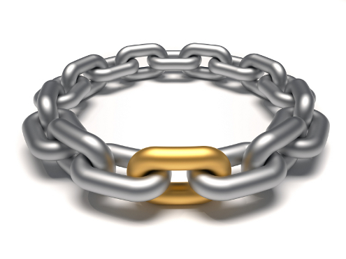 Silver chain in circle with an outstanding golden link - 3d render